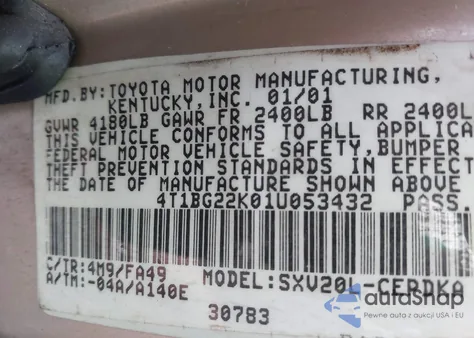 2001 Toyota Camry Ce z USA, uszkodzony, nr VIN 4T1BG22K01U053432